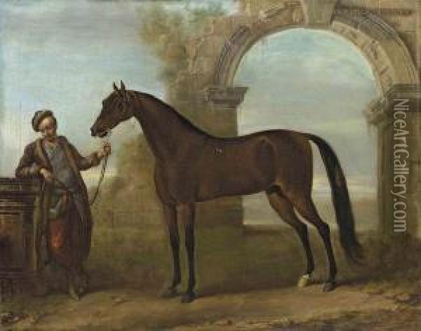 The Godolphin Arabian, Held By A Groom, In A Landscape With Aruined Arch Oil Painting - John Wootton