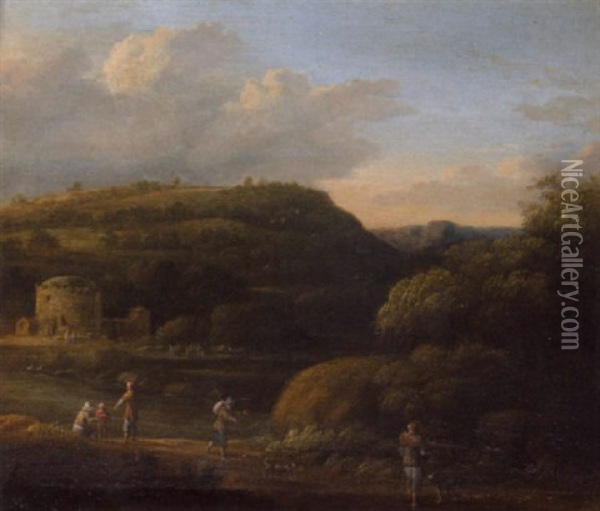 River Landscape With Figures On A Track, And Classical Ruins Beyond Oil Painting - Gillis Neyts