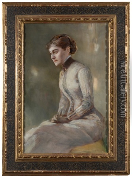 Die Frau Des Kunstlers, Irene Von Keller, Im Weisen Kleid, Sitzend, Nach Links Oil Painting - Albert von Keller