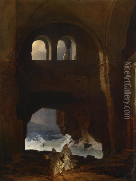 Monks In Amonastery Courtyard Oil Painting - Franz Ludwig Catel