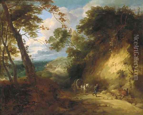A wooded landscape with travellers on a path Oil Painting - Lodewijk De Vadder
