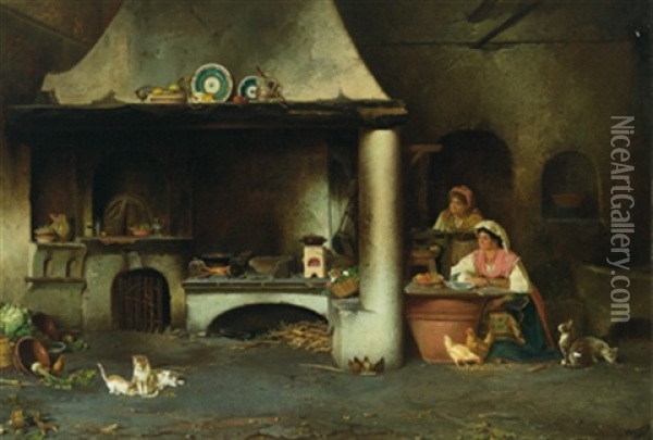 In Einer Romischen Kuche Oil Painting - Alexander (Aleksandr) Antonovich Rizzoni