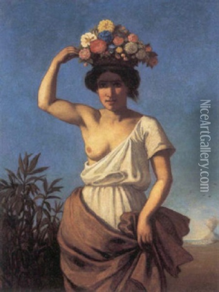 Italienerinde Baerende Blomster Oil Painting - August Jernberg