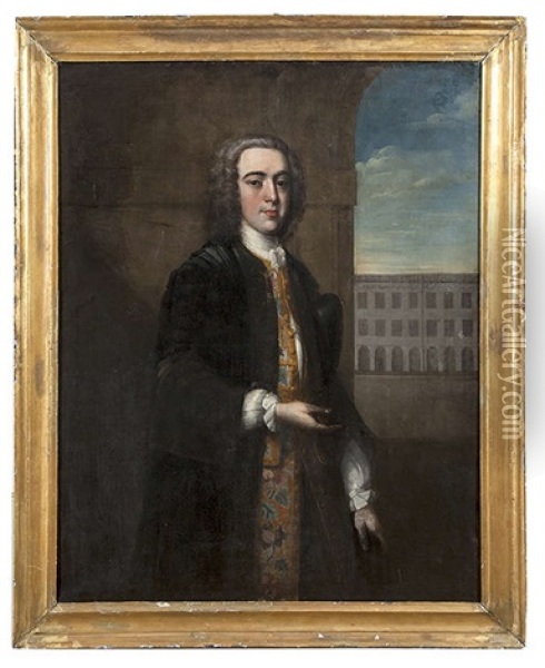 A Portrait Of Maurice Eustace, Standing Three-quarter Length In An Arcaded Courtyard, And Wearing A Legal Gown With Full Embroidered Undercoat Oil Painting - Philip Hussey