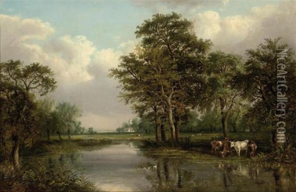 Cattle Grazing Beside A Lake Oil Painting - Thomas Smythe