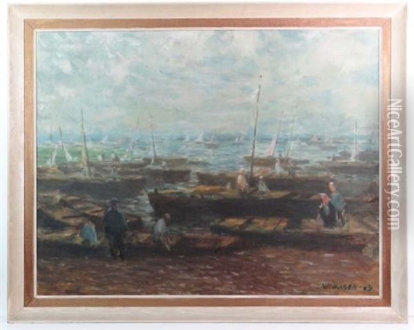 Sailing Boats At Sea And People Working On Boats Along The Shore Oil Painting - William Mason