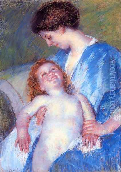 Baby Smiling Up At Her Mother Oil Painting - Mary Cassatt