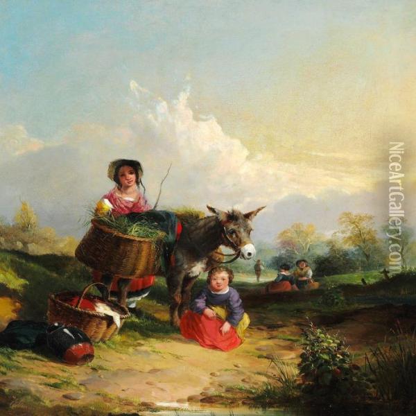 Mother And Child With Their Donkey On A Path Oil Painting - William Bromley