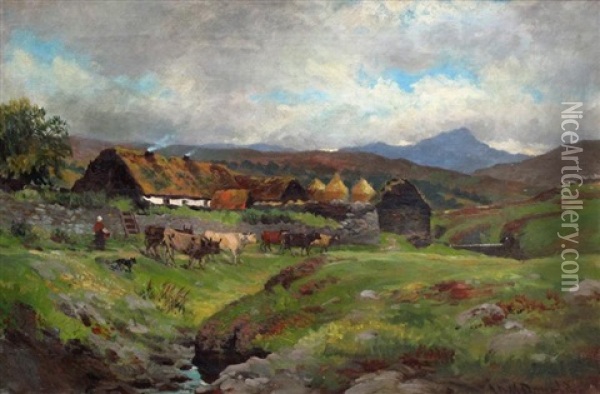 Highland Croft With Cattle By A Brook Oil Painting - John Milne Donald