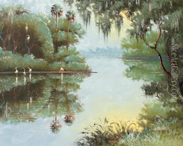 Florida Highwaymen Backwater Scene With Egrets Oil Painting - William Daniels