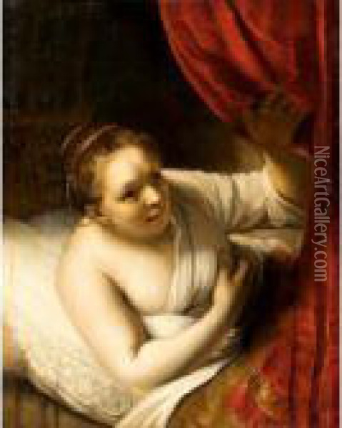 An Interior With A Lady, 
Possibly Hendrikje Stoffels, Lying In Bed And Holding Her Breast Oil Painting - Rembrandt Van Rijn