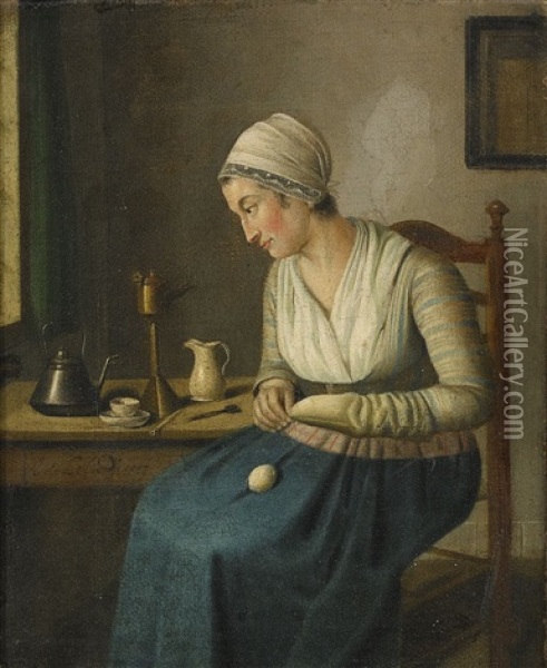 Interior Med Kvinna Som Stoppar Strumpor Oil Painting - Adriaen de Lelie