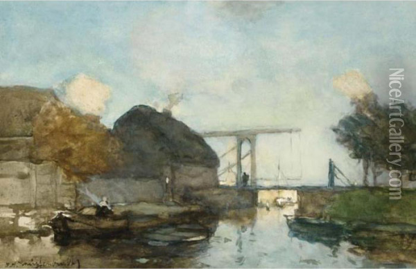 A Canal Scene Oil Painting - Jan Hendrik Weissenbruch