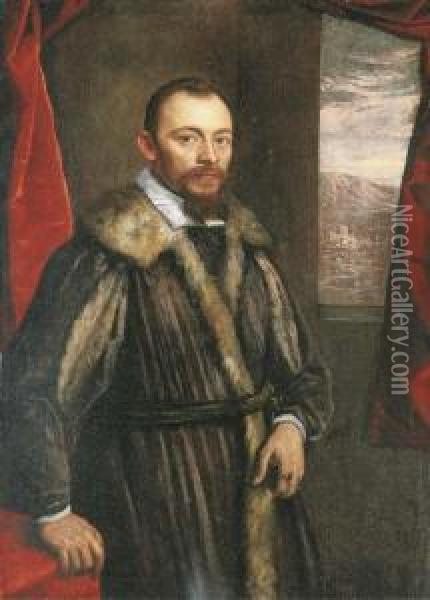 Portrait Of A Gentleman, Said To
 Be Vincenzo Morosini, Three-quarter-length, In A Fur-trimmed Coat, 
Before A Red Curtain, A Landscape Beyond The Window Oil Painting - Domenico Tintoretto