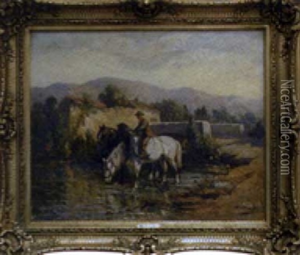 Cavalier Et Chevaux S'abreuvant Oil Painting - Walther Guenther Julian Witting