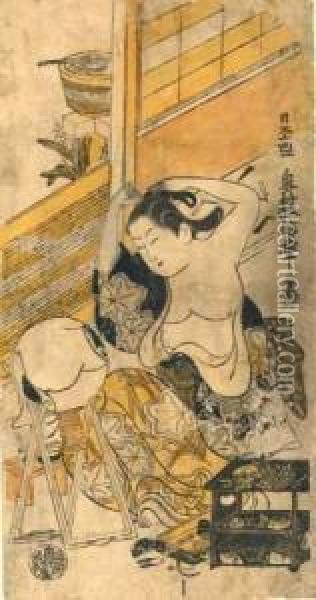 Courtisane Assise Devant Un Miroir Faisant Sa Toilette, Son Kimono Ouvert Laissant Decouvrir Sa Poitrine. Oil Painting - Okumura Masanobu