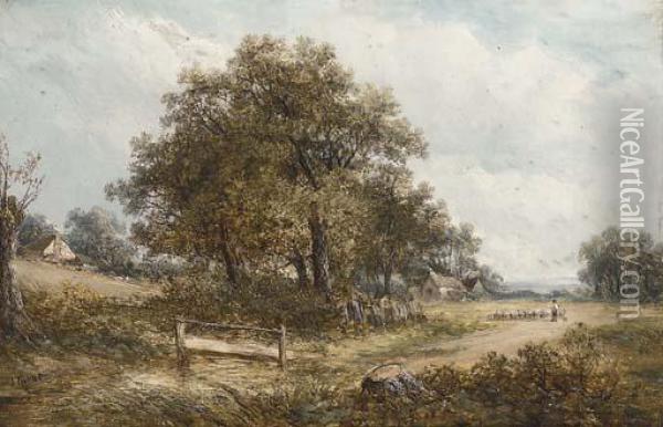 A Shepherd And His Flock In A Wooded Landscape Oil Painting - Joseph Thors