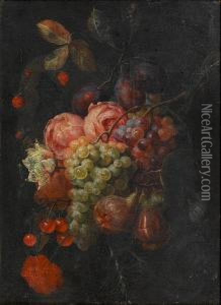 A Garland With Roses, Figs, Grapes, Ivy And Cherries Oil Painting - Joris Van Son
