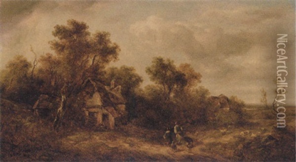 Figures On A Track In A Wooded Landscape, A Cottage Beyond Oil Painting - Richard H. Hilder
