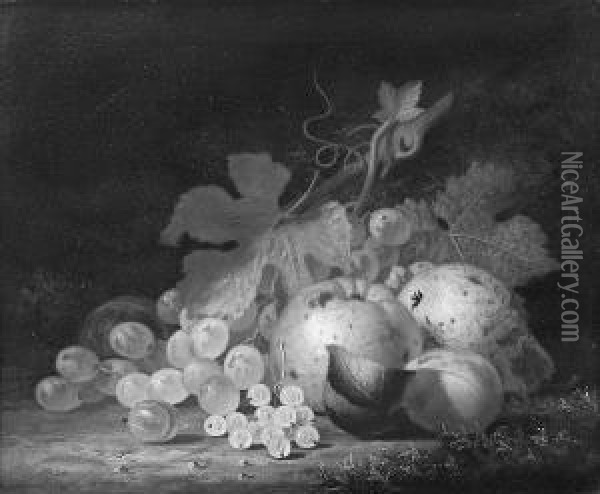 A Still Life Of Fruit And Leaves In A Bowl On A Marble Ledge Oil Painting - Henry George Todd