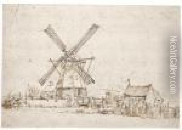Landscape With A Windmill And Other Buildings Oil Painting - Anthonie Van Borssom