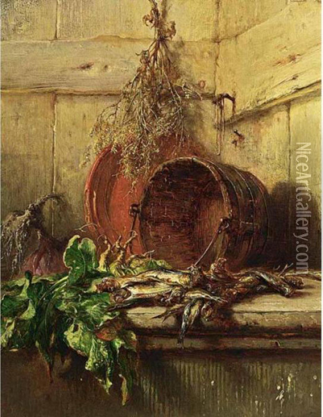 A Kitchen Still Life With Vegetables And Sardines Oil Painting - Maria Vos