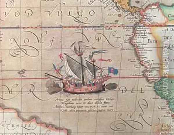 A sailing ship firing its cannon, detail from a map of the Pacific, China and America, 1599 Oil Painting - Abraham Ortelius