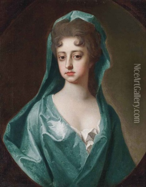 Portrait Of A Lady, Traditionally Identified As Elizabeth Felton, Lady Hervey, In A Blue Dress And Mantle, Feigned Oval Oil Painting - Michael Dahl