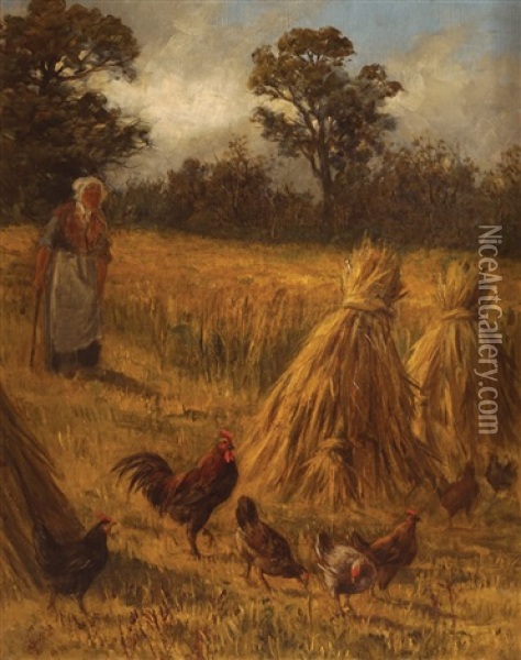 Figure With Chickens In A Cornfield Oil Painting - James, R.H.A. Grey