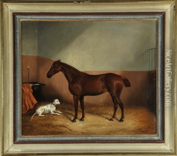 Pferd Mit Dalmatiner Im Stall Oil Painting - Albert Clark