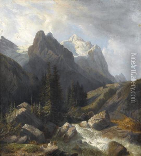 Well- Und Wetterhorn Von Rosenlaui Aus Oil Painting - Alexandre Calame