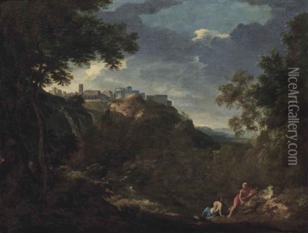 A View Of Tivoli With Classical Figures Conversing On A Shore Oil Painting - Gaspard Dughet