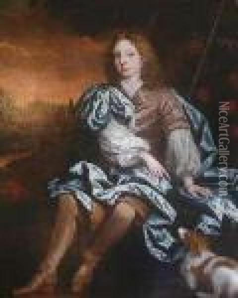 Full Length Of A Young Man With A Pet Spaniel Oil Painting - Sir Peter Lely