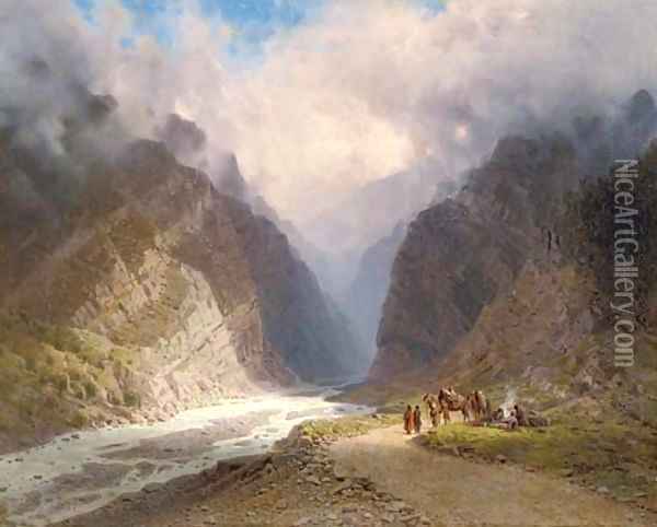 A mountainous landscape with travellers by a stream Oil Painting - Il'ia Nikolaevich Zankovskii