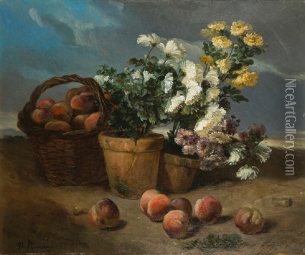 Nature Morte Aux Chrysanthemes Et Aux Peches De Vignes Oil Painting - Philippe Rousseau