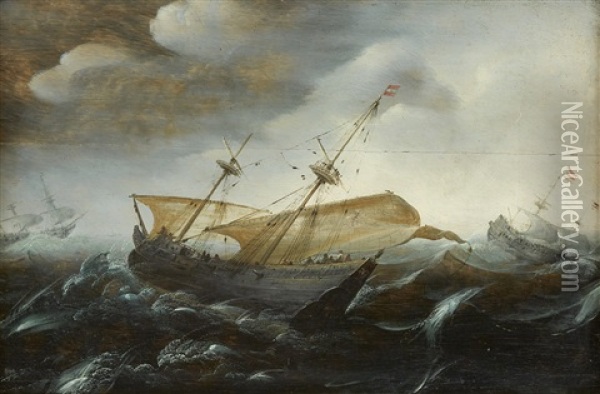 Ships In A Storm Oil Painting - Andries van Artvelt (Ertvelt)
