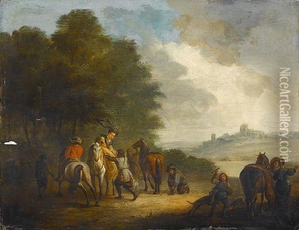 An Elegant Hunting Party In A Landscape Oil Painting - Carel van Falens or Valens