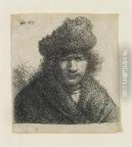 Self Portrait In A Slant Fur Cap, Bust (bartsch 14) Oil Painting - Rembrandt Van Rijn