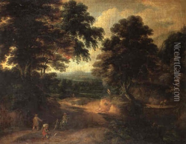 Landscape With Travellers On A Woodland Path Oil Painting - Jacques d' Arthois