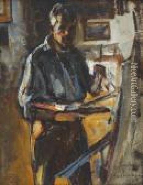 Selfportrait At Easel Oil Painting - Petrascu Gheorghe