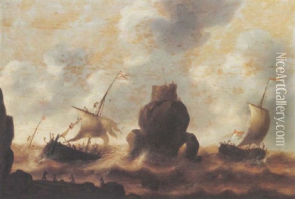 Stormy Seas With A Shipwreck And Fishermen In The Foreground Oil Painting - Jacob Adriaenz. Bellevois