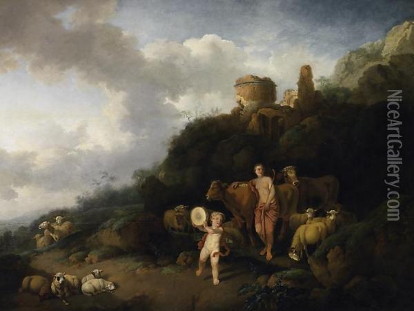 Arcadian Landscape With Shepherds, Cattle, And Cherubs Making Music Oil Painting - Christian Wilhelm Ernst Dietrich