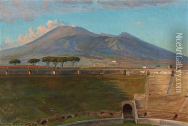 The Amphitheatre In Pompeii, With Vesuvius In The Distance Oil Painting - Peter Olsen-Ventegodt