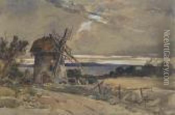 A Windmill In An Extensive Landscape Oil Painting - William James Muller