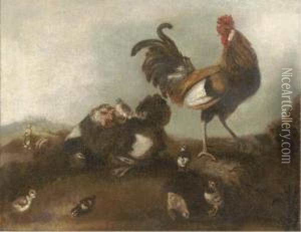 A Chicken, Cockerel And Chicks 
In A Landscape, The Prodigal Sonworking With The Swine Beyond Oil Painting - Angelo Maria Crivelli, Il Crivellone