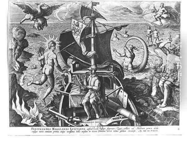 Ferdinand Magellan c.1480-1521 on board his caravel, 1522 Oil Painting - Giovanni Stradano