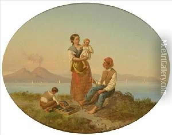 The Fisherman'sfamily; Weaving 
The Pots, Sunlit Neapolitan Coastal Scenes, Theformer With Fishing Boats
 And Vesuvius Beyond Oil Painting - Philippe Lodowyck Jacob Sadee