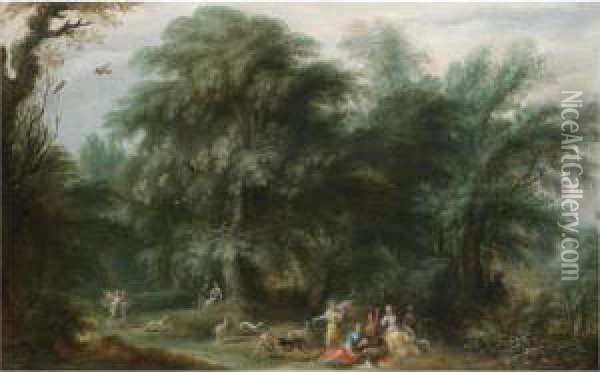 A Wooded Landscape With Diana And Her Nymphs Hunting Oil Painting - Alexander Keirincx