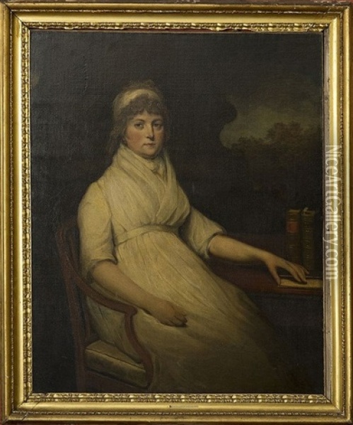 Marie (nee Walpole) Duchess Of Gloucester And Edinburgh Seated, In White Satin Dress Oil Painting - Sir John Hoppner