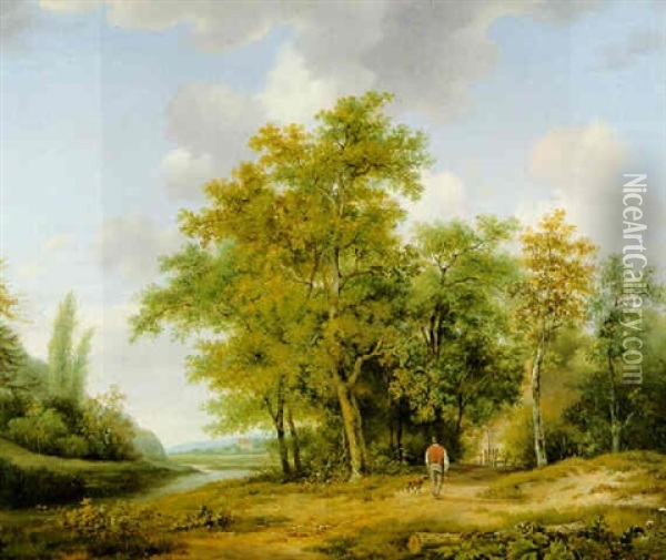 Figure With A Dog In A Wooded Landscape Oil Painting - Marinus Adrianus Koekkoek